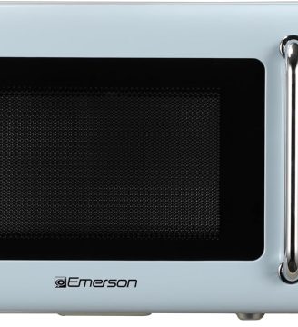 Emerson MWR7020BL Retro Compact Countertop Microwave Oven with Button Control, LED Display, 700W 5 Power Levels, 8 Auto Menus, Glass Turntable and Child Safe Lock, 0.7, Thunderbird Blue